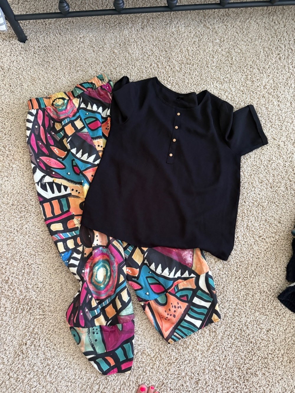 SHEIN Black Short Sleeve Blouse with Gold Buttons and pant set.
